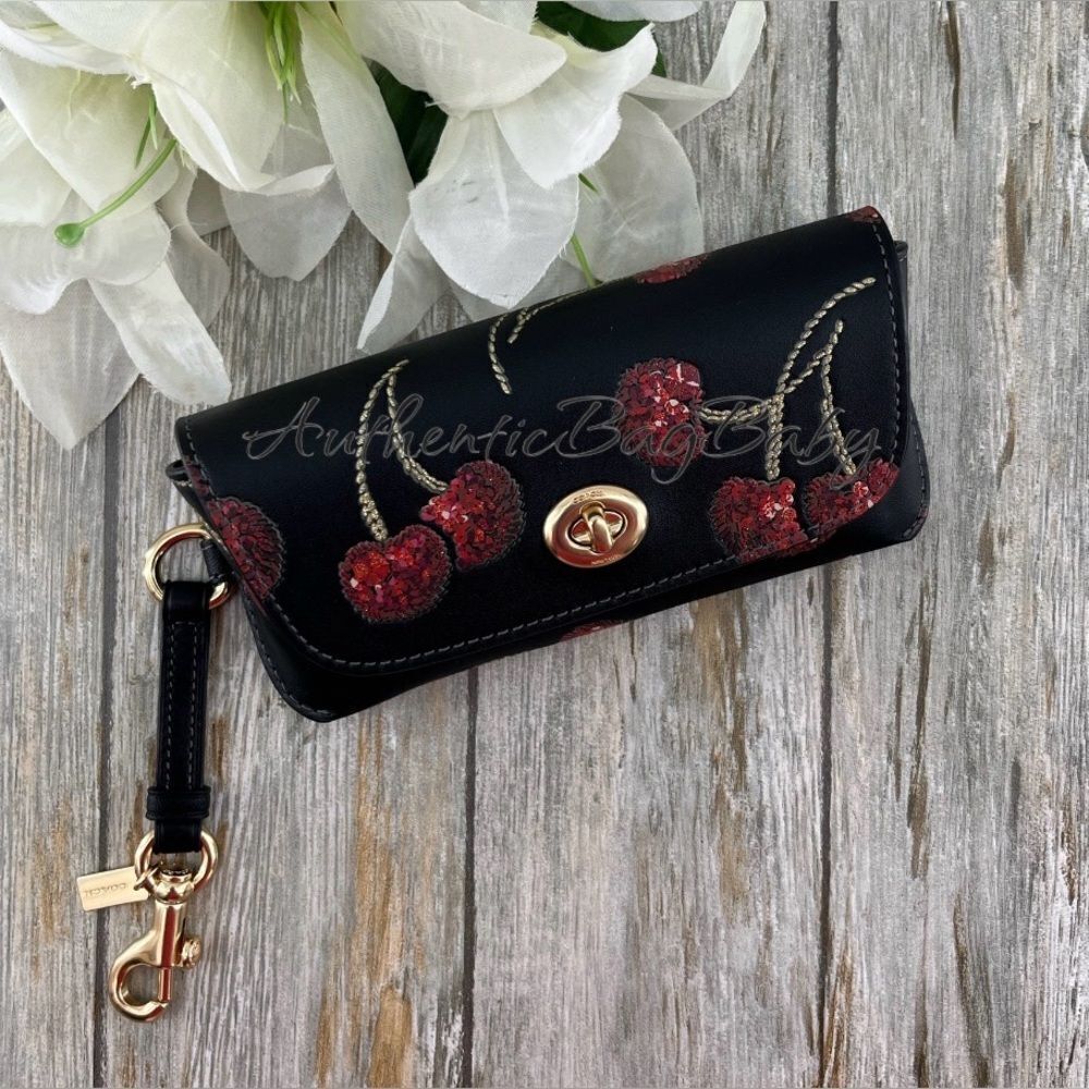 Coach Sunglass Case With Cherry Print & Smooth Leather Bag Purse
